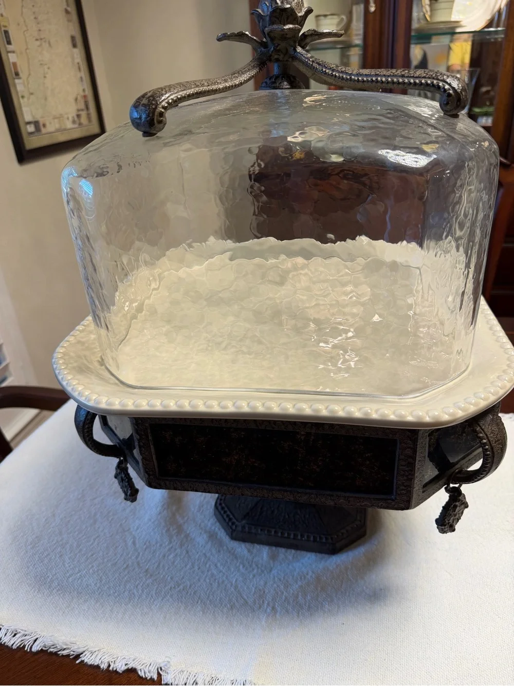 GG Collection Glass Dome Cake Stand with White Platter and Dark Metal Base